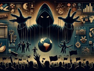 A darkly-themed illustration explicitly representing 'The Protocols of the Elders of Zion', with a central shadowy figure symbolizing the mastermind behind the protocols, surrounded by symbols of political and media manipulation, economic control, and societal influence.