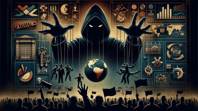 A darkly-themed illustration explicitly representing 'The Protocols of the Elders of Zion', with a central shadowy figure symbolizing the mastermind behind the protocols, surrounded by symbols of political and media manipulation, economic control, and societal influence.